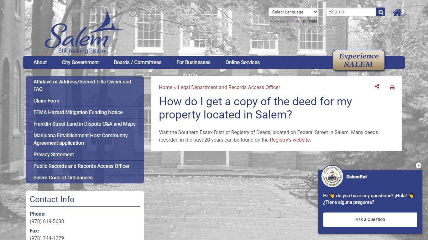 How do I get a copy of the deed for my property located in Salem? | salemma