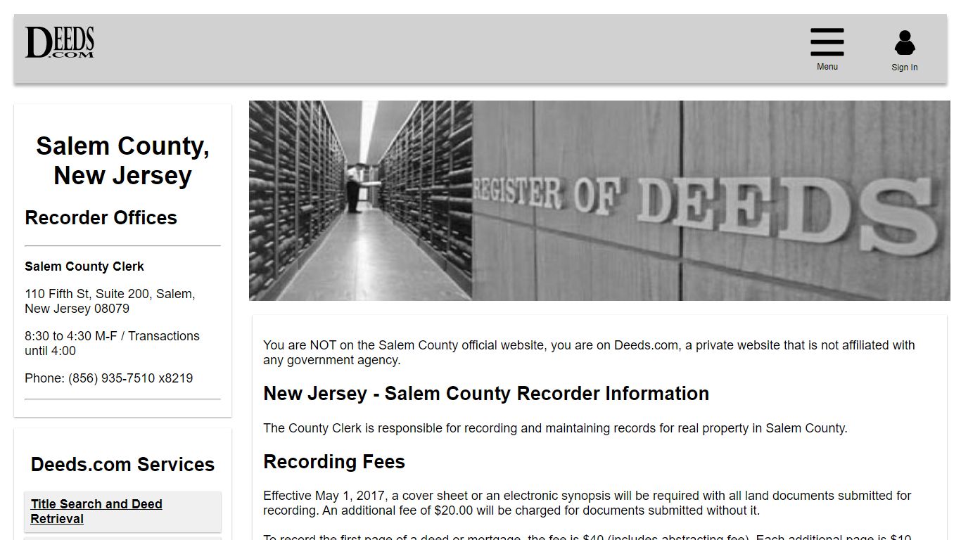 Salem County Recorder Information New Jersey - Deeds.com